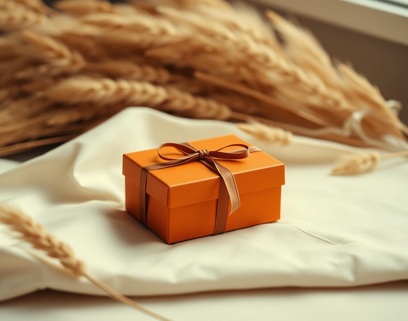 Orange luxury box on ivory linen