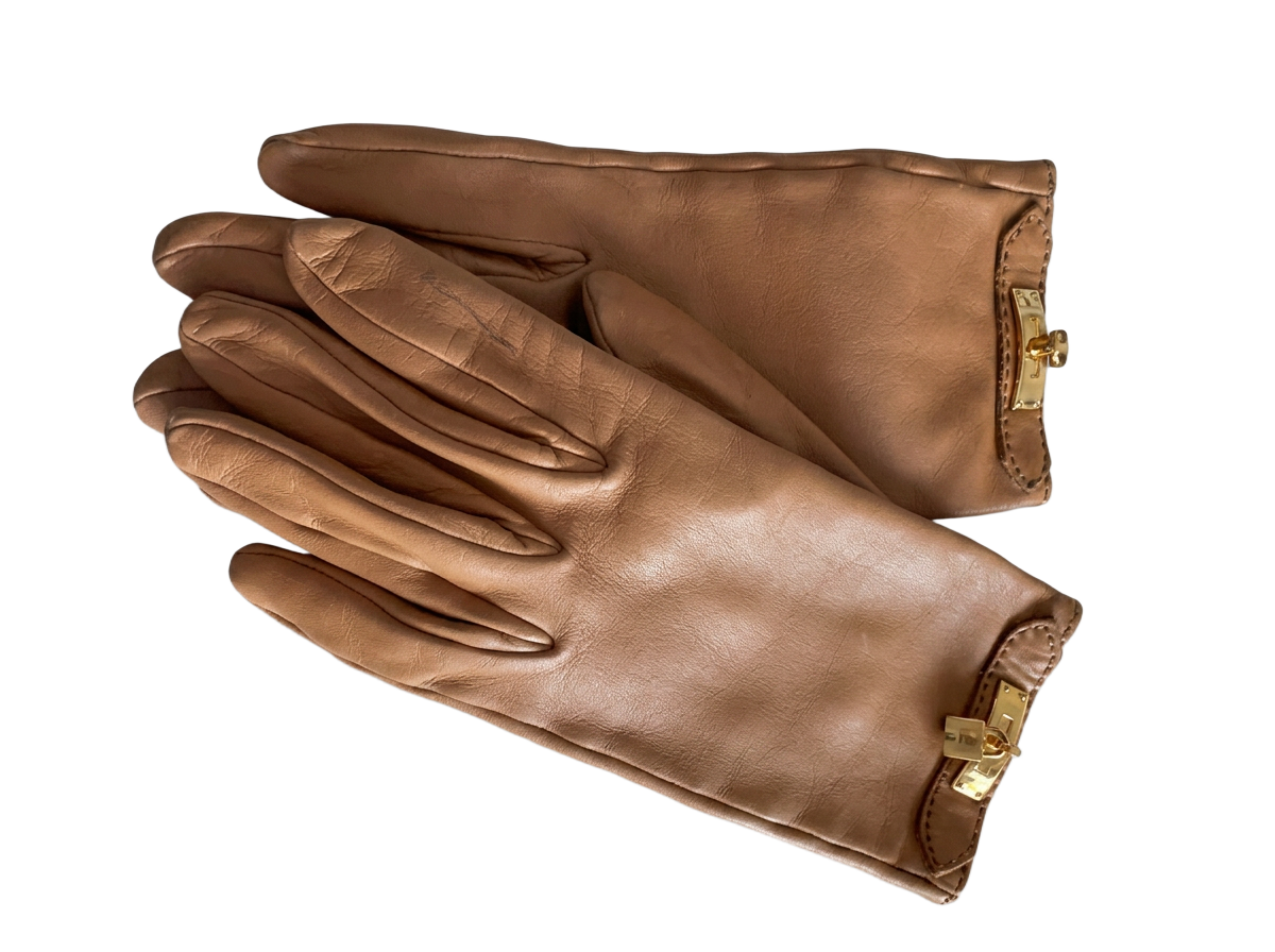 Hermès Cognac Leather Gloves with Gold Clasp