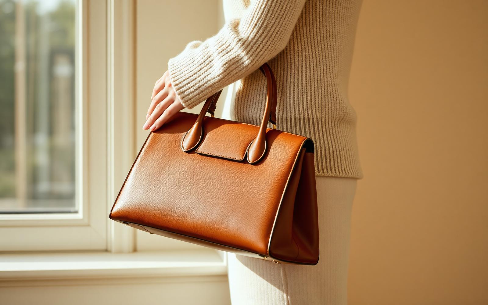 Woman holding a tan leather top-handle bag